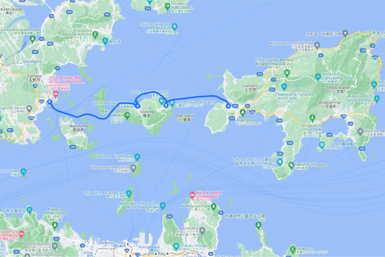Tonosho (Shodoshima) - Karato (Teshima) - Ieura (Teshima) - Uno (Okayama)