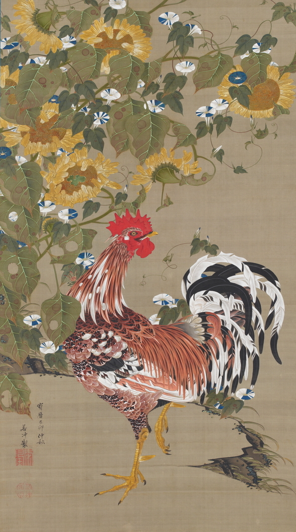 [National Treasure] Ito Jakuchu. Doshoku Sai-e (Colorful Realm of Living Beings) Rooster, Sunflowers and Morning Glories ★